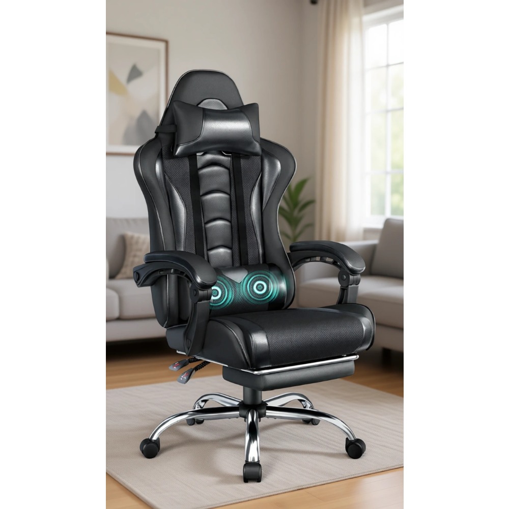 Gaming Chair Lumbar Pillow - Komfortabler Gaming-Stuhl aus PU-Leder mit Fußstütze,