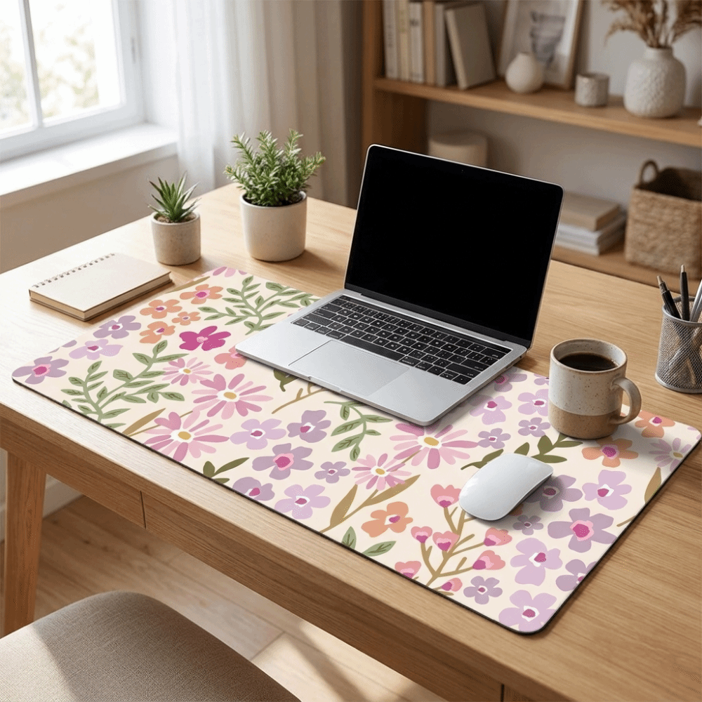 Gaming Desk Mat - Fleckresistente Große Blumen-Schreibtischunterlage mit Gummibasis und